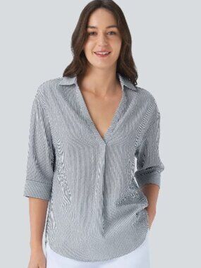 Halara Women's Blue/White Striped V-neck Collared Curved Hem Blouse Size Unknown